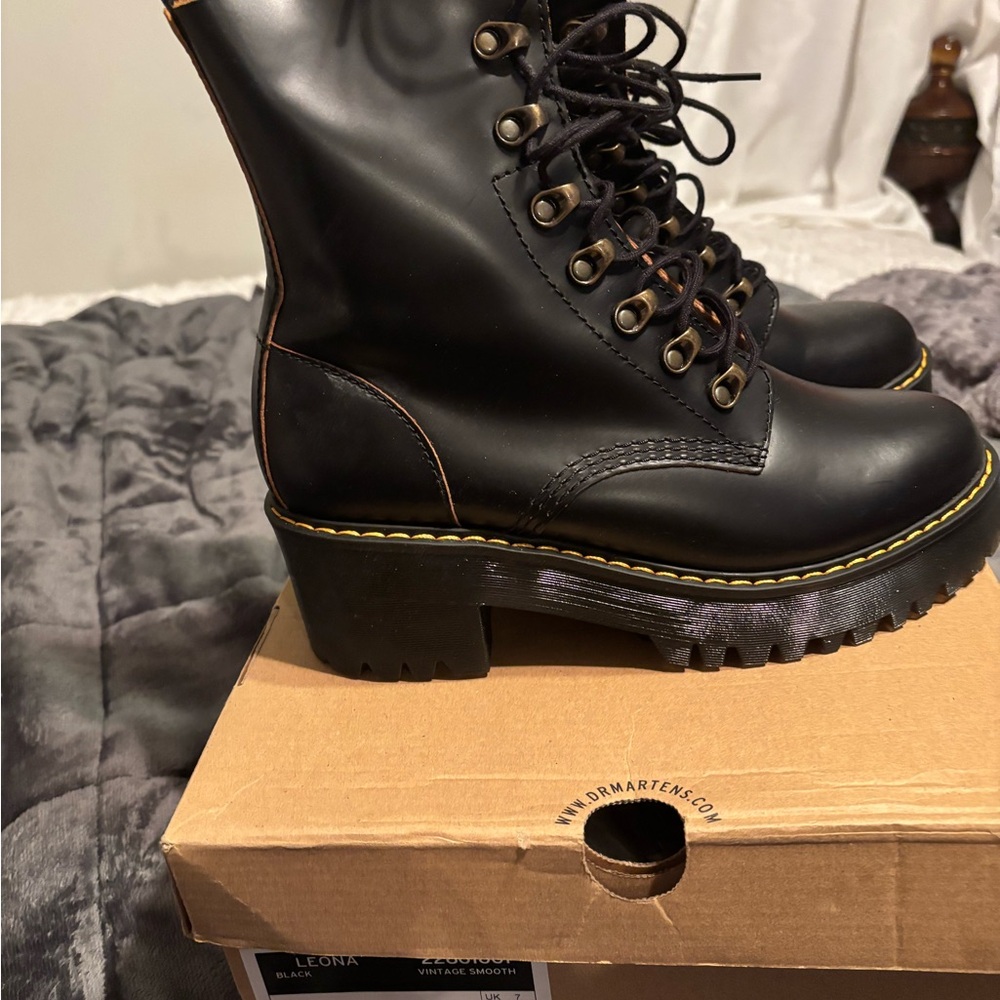 Dr. Martens Leona Black Platform Leather Women's Boots